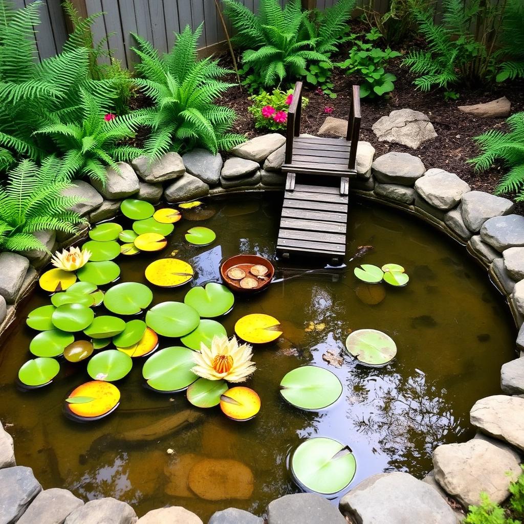 Small backyard ornamental pond with lily pads and stone edging