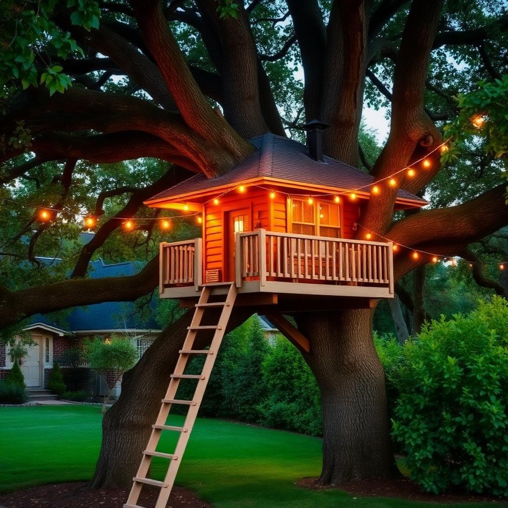 Custom-built backyard treehouse in a large oak tree