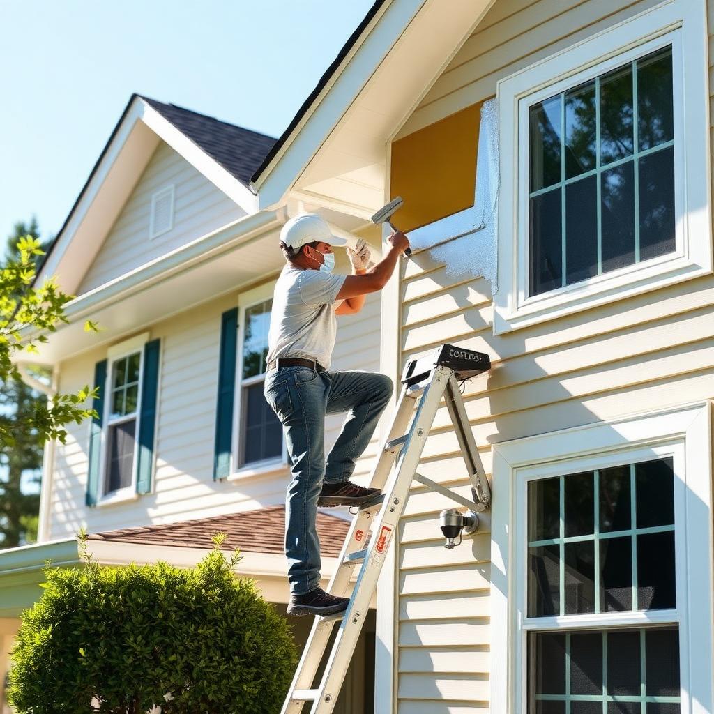 Painter on ladder painting home exterior
